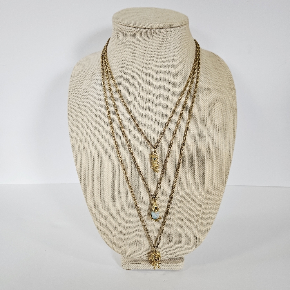 Vintage Goldette Triple Strand Gold Chain Animal Charm Pendant Sautoir Necklace